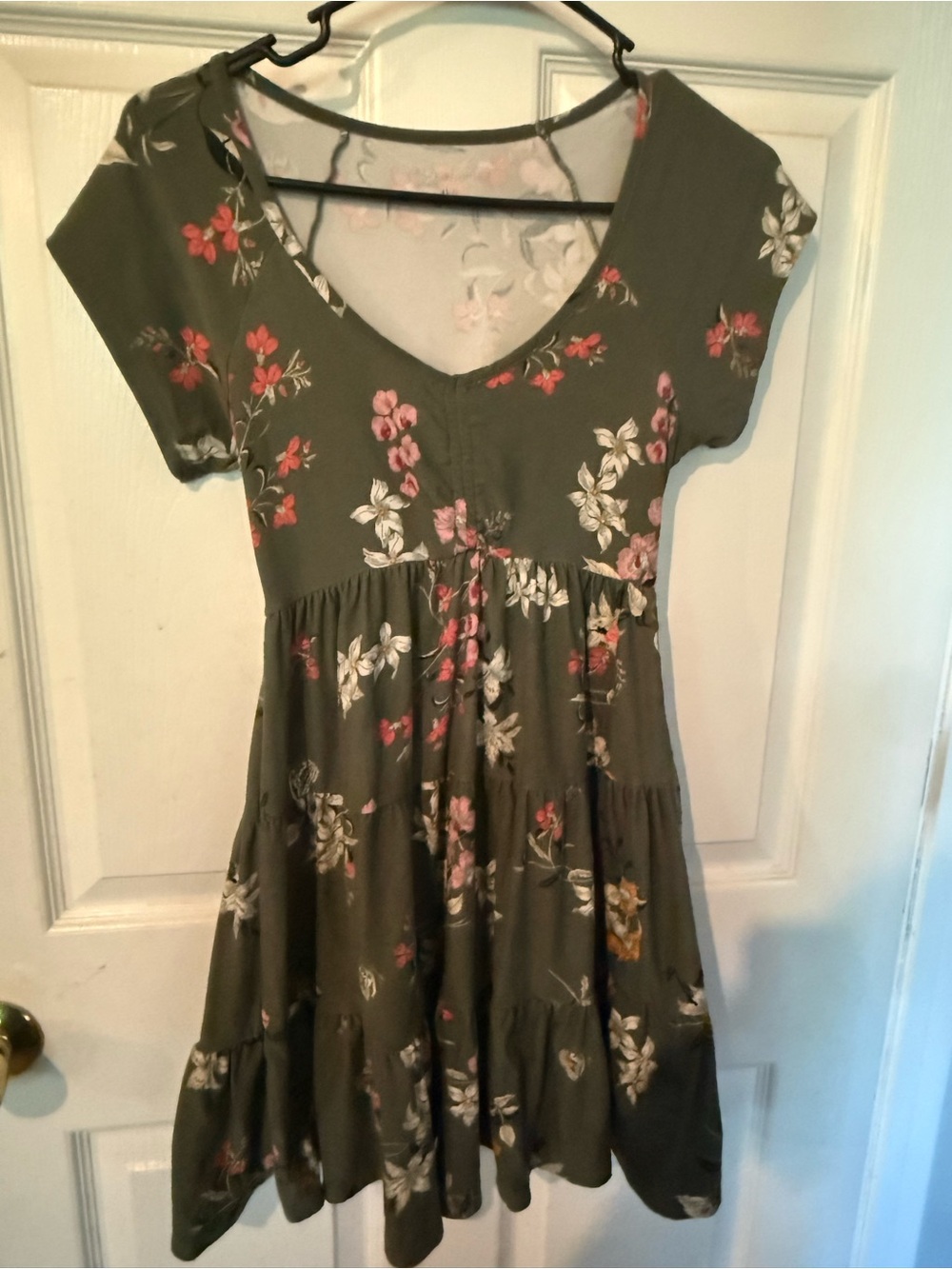No Boundaries Olive Green Floral Short Sleeve Dress